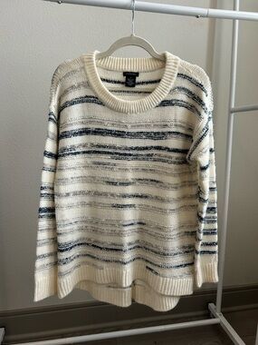 Calvin Klein Cream Crewneck Sweater with Navy Stripes